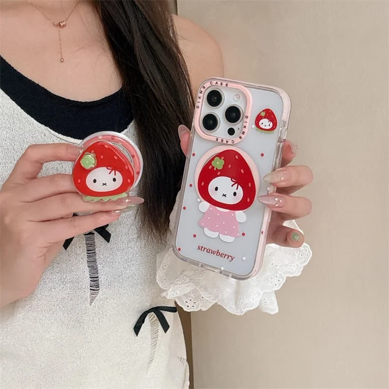 

Clear Pink Border Strawberry Phone Case For iPhone 16 15 14 13 17 Pro Max With Cute 3D Strawberry for hello kitty Magnetic Pop H