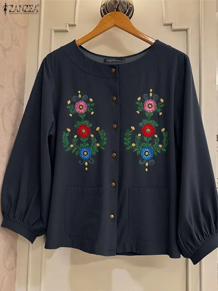 

ZANZEA Fashion Embroidery Shirts Women Long Sleeve Blouse 2025 Autumn Pockets Printing Casual Tunic Tops Elegant Denim Blusas