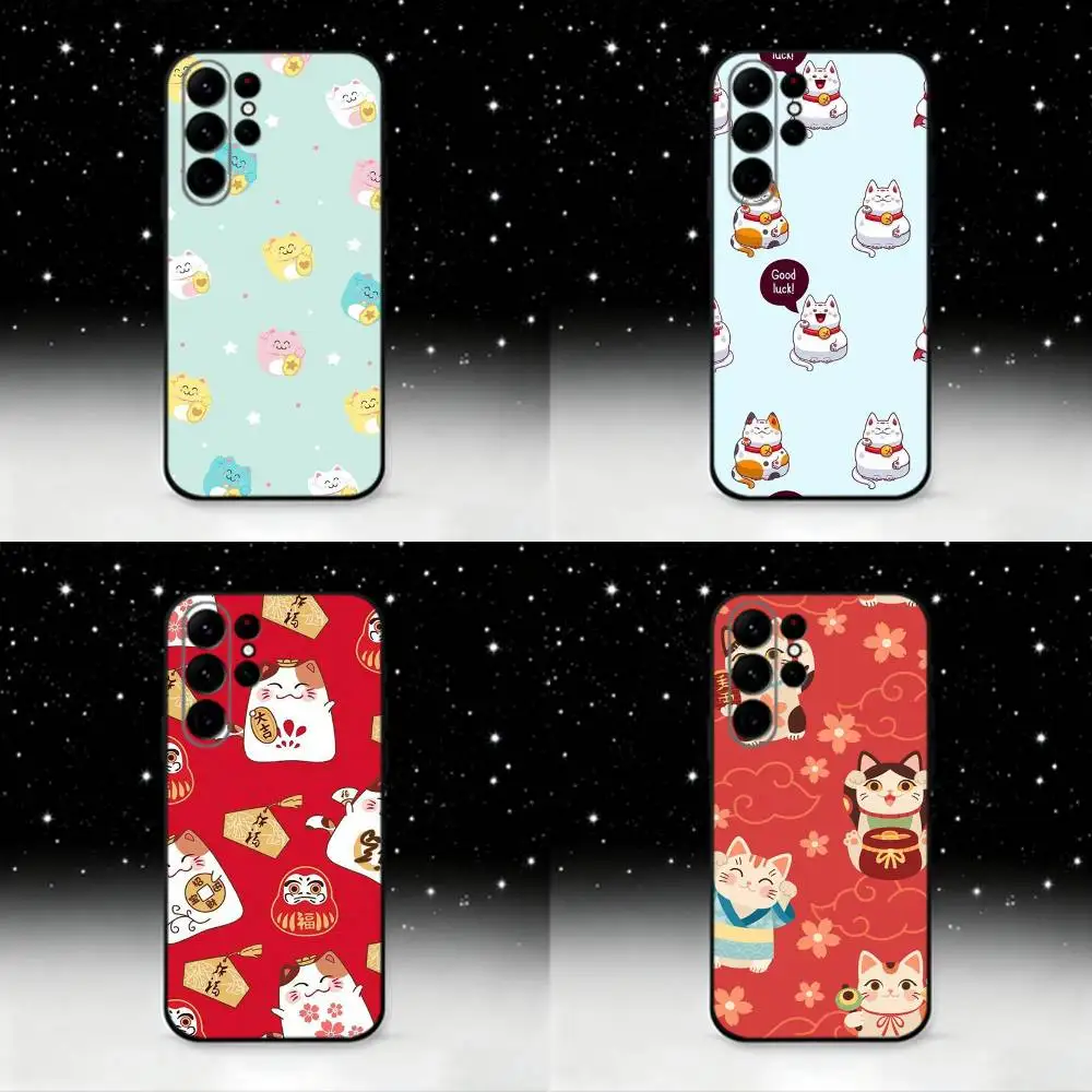 

Cartoon Lucky Cat Phone Case For Samsung S25,S24 Ultra,S20,S30 plus,S22 plus,S23,S30 Ultra 5G Silicone Black Shell