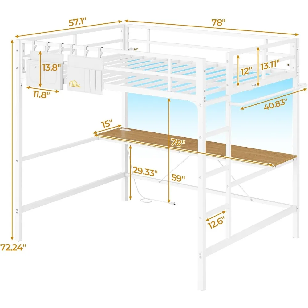 سرير علوي معدني كامل الحجم مع مكتب وأضواء LED ومخرج طاقة ومساحة تخزين للمراهقين والكبار