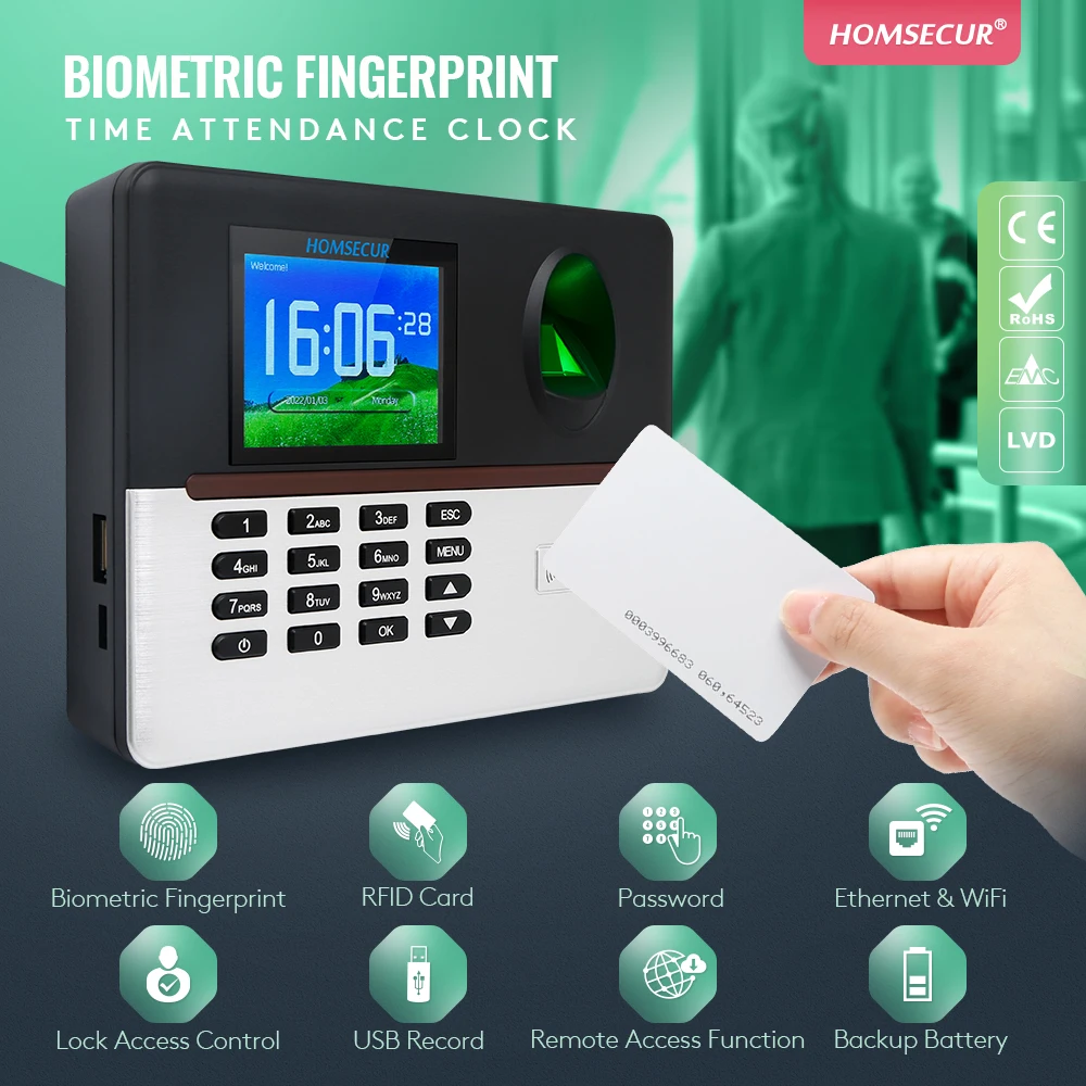 HOMSECUR A-L355 New Fingerprint And RFID Card Time Attendance+Free Software+WiFi+DST