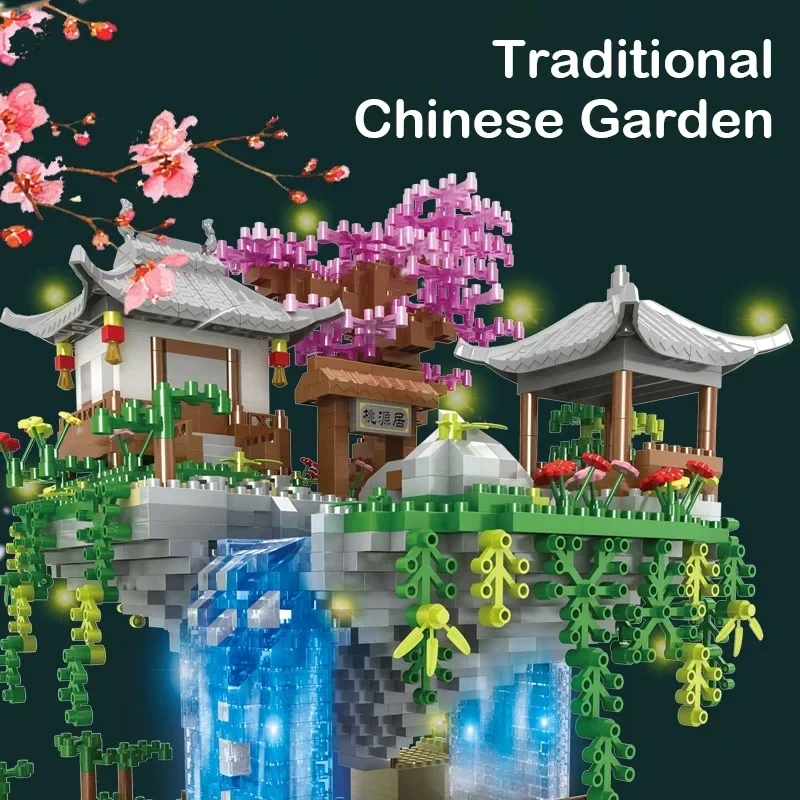 Blocos de construção de arquitetura urbana, mini casa de árvore, lago de flores de pêssego com conjunto de luz, brinquedo infantil, presente de feriado e natal