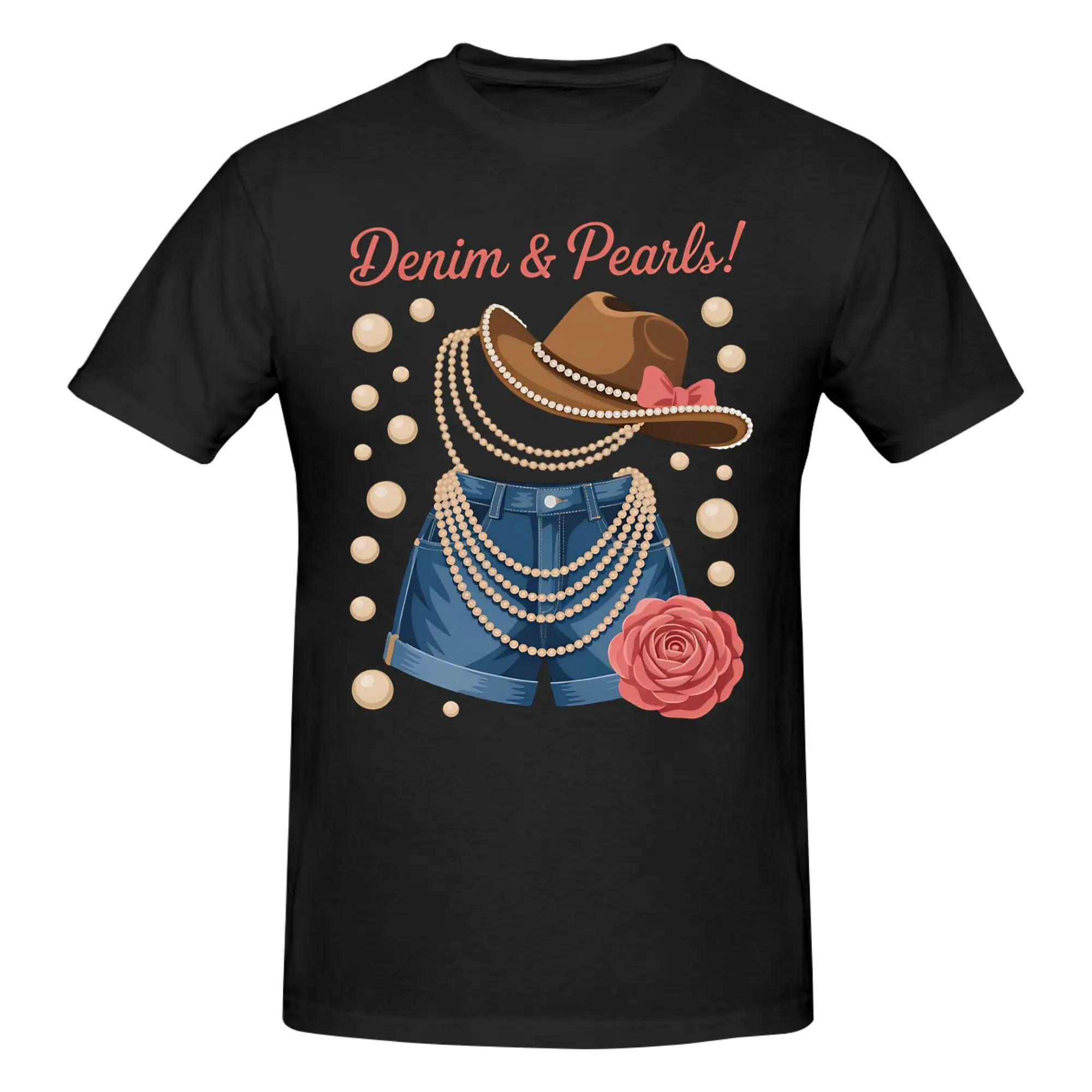 1 Piece Denim and Pearls Cowgirl Country Western Graphic Funny 100% Cotton T-Shirt Cowgirl Fashion Tees Tops For Men
