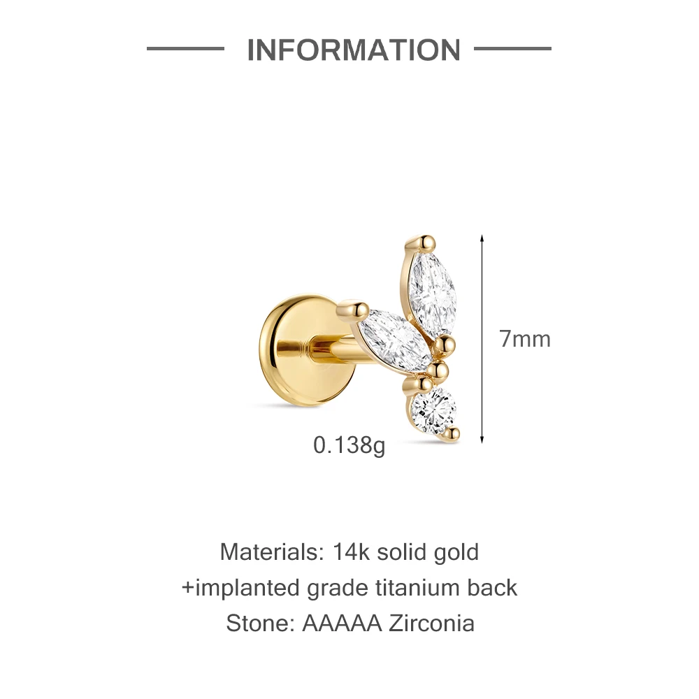 Aide 14K Soild Gold Implanted Grade Titanium Back Kite Flat horse's Eye CZ Studs Wedding Engagement Anniversary Other Occasions