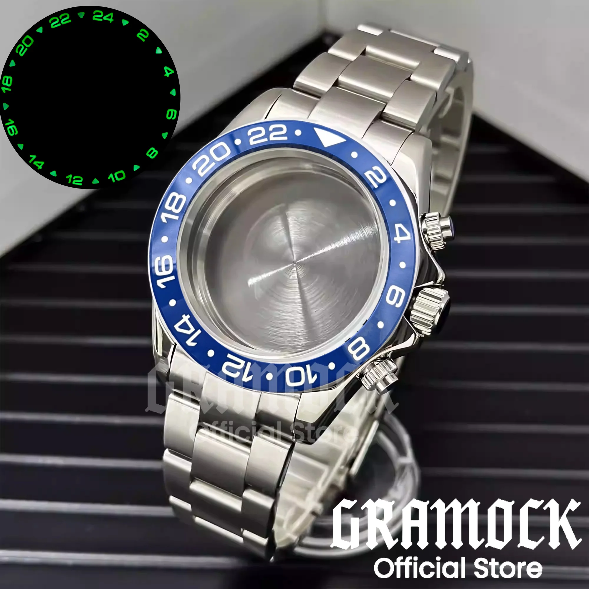 GRAMOCK 39 mm Herren-Taucheruhrengehäuse VK63, poliert, Saphirglas, GMT-Keramiklünette, superleuchtende Passform, VK63, VK64-Uhrwerk
