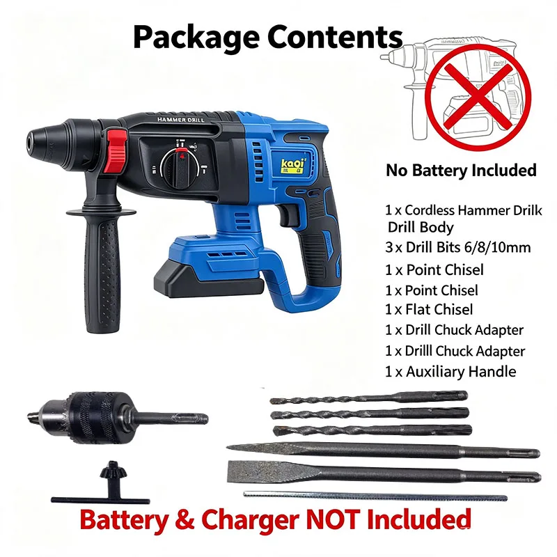 21V Cordless Rotary Hammer Drill 3 IN 1 SDS Plus Electric Impact Hammer Chisel Function For Concrete Wood Metal, Bare Tool Only
