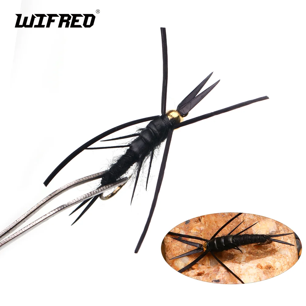 

Wifreo 4pcs Brass Bead Head Black Stonefly Nymph Scud Fly Bug Worm Copper Wire Rib Wet Nymph Trout Bass Fishing Fly Lure Bait