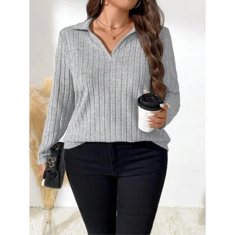 

Плюс размер 1XL-5XL, новый летний однотонный женский топ с v-образным вырезом и лацканами, с длинными рукавами, свободная футболка с начесом в рубчик