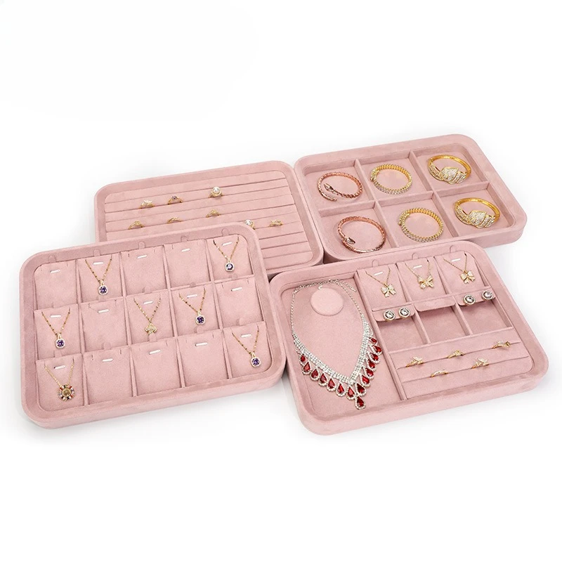 

1pc Pink Velvet Jewelry Tray Box Earring Necklace Jewelry Display Case Storage Holder For Home Store Ring Organizer shows Prop