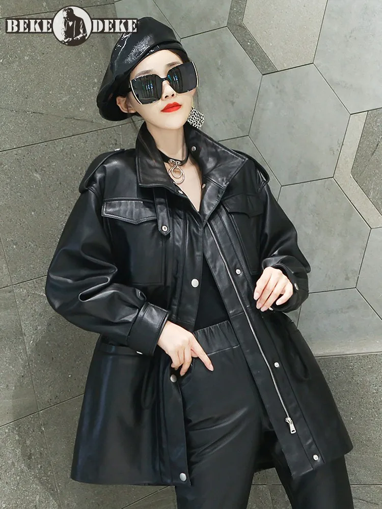 Autumn Women 100% Sheepskin Mid Long Jacket Adjustable Waist Pockets Punk Style Genuine Leather Jacket Stand Collar Windbreaker