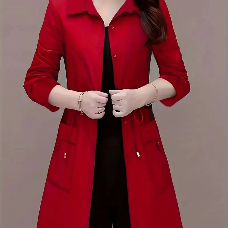 Camisa feminina elegante de manga comprida de cor sólida com cordão na cintura e detalhes de bolso duplo para viagens no escritório