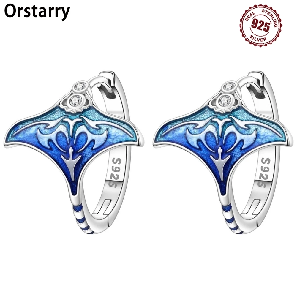 Orstarry Original 925 Sterling Silver Blue Devil Fish Earrings Women Hoop Earring Anniversary Jewelry Trendy Gifts
