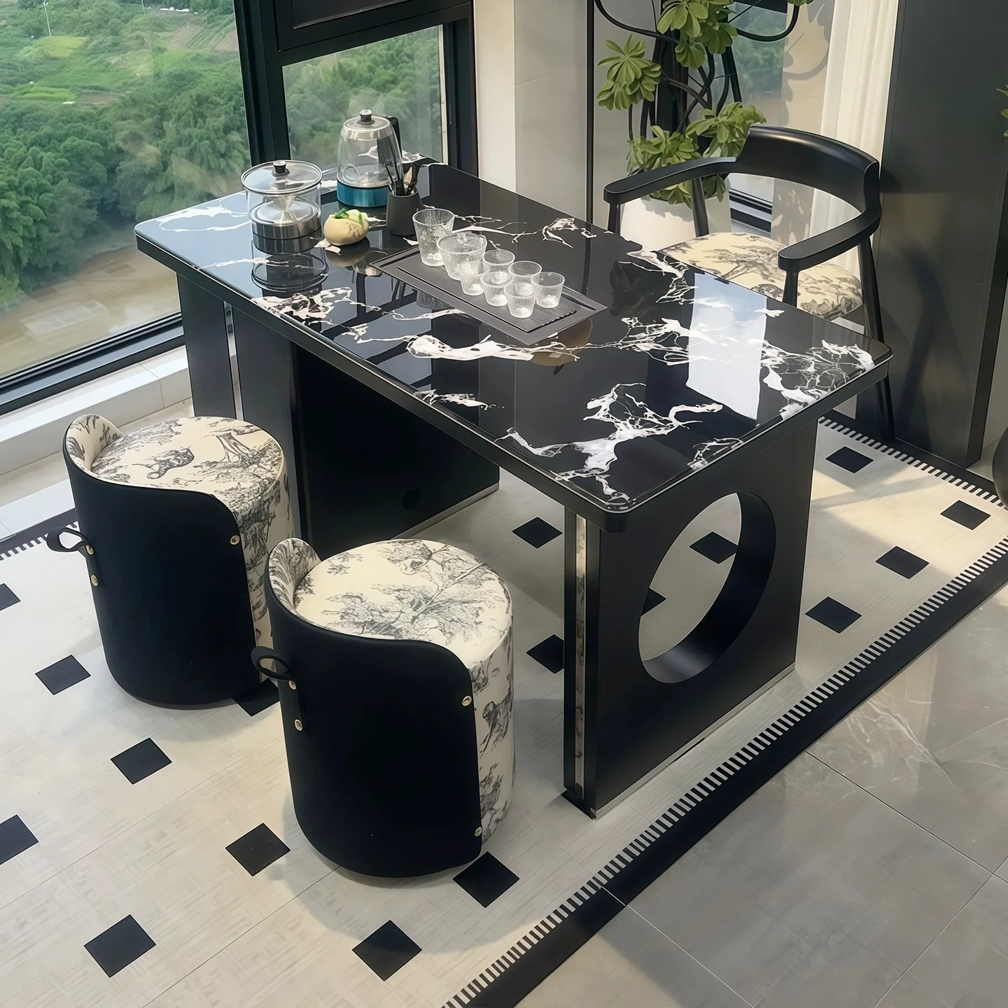 Rock slab tea table household living room balcony tea table boiling water integrated office tea table  a complete