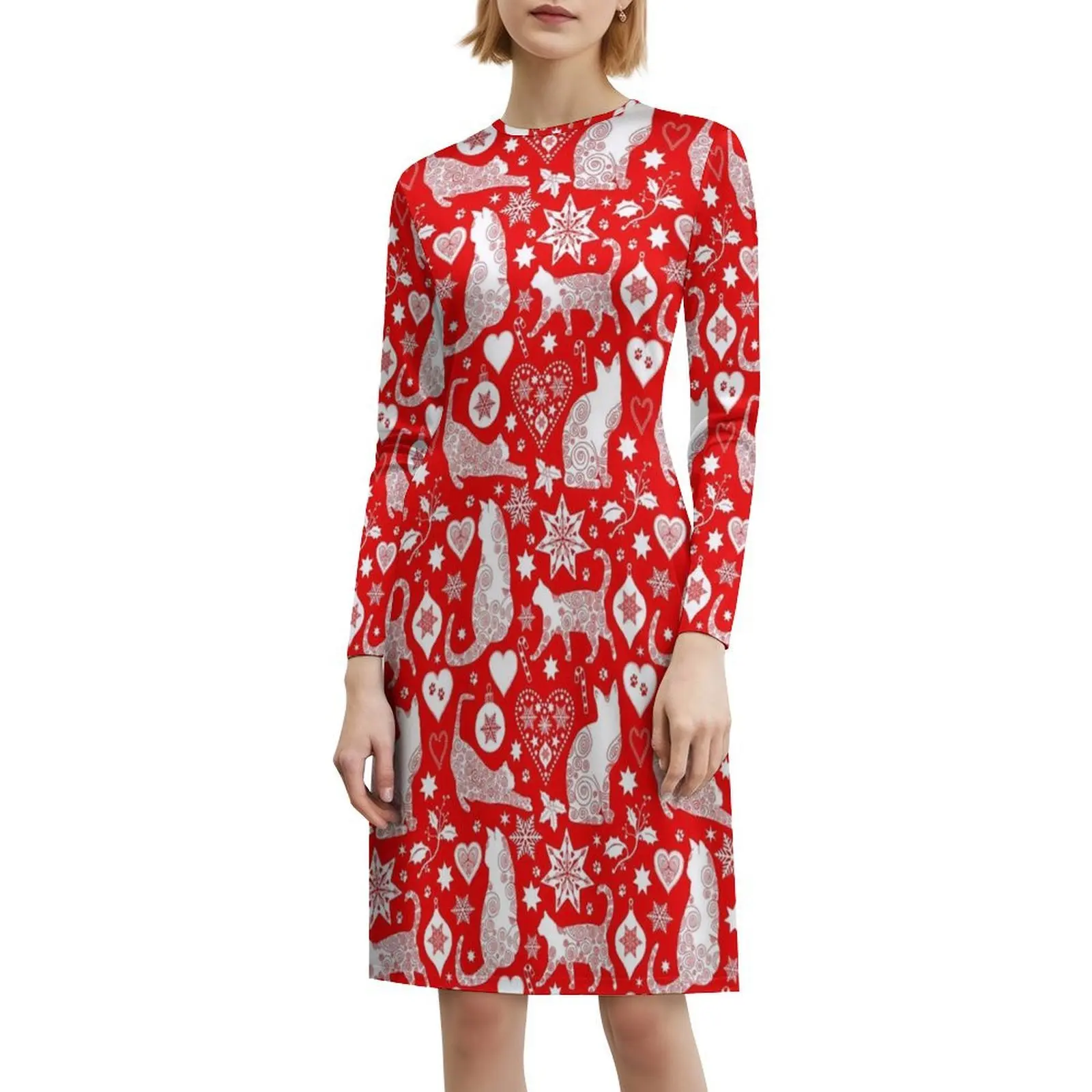 الأحمر والأبيض القط عيد الميلاد الفن الشعبي الاسكندنافي خمر فستان بوهيمي نفخة الأكمام أو خيارات بلا أكمام لفستان المرأة