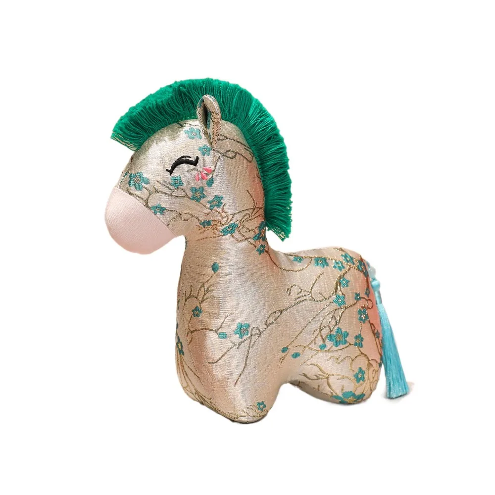 Porte-clés cheval en peluche pour nouvel an, broderie de fleurs, poupée cheval de Style chinois, pendentif, ornements, poupées de mascotte de dessin animé
