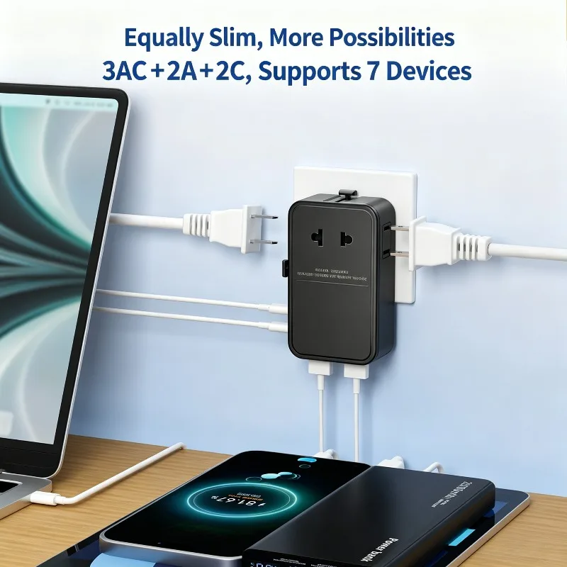 New Ultra-slim 25W Fast-Charging Universal Travel Adapter with 3 AC Outlets – Multifunctional Global Power Converter