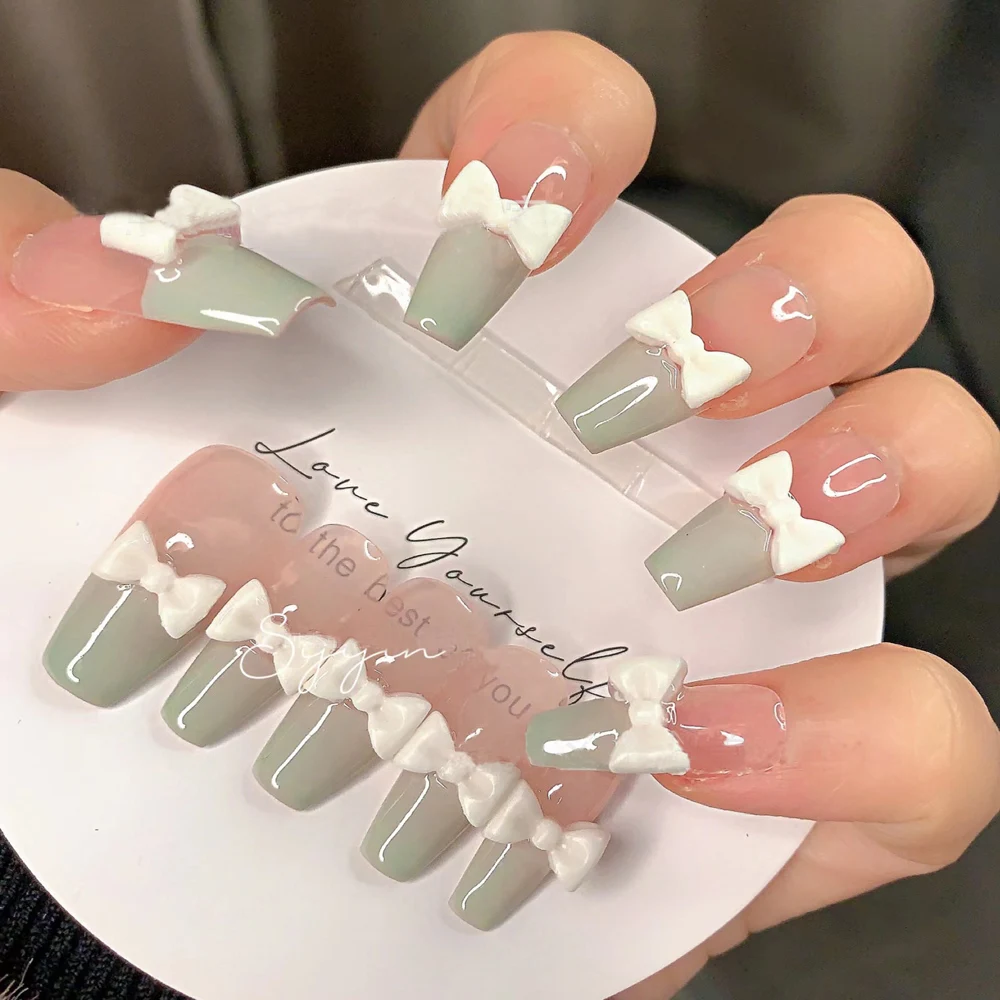 Removable Milk Green French Style Bow False Nail Patch Handmade Wearable Nail Art Nail 10 Piece Finished Set  Nail Accessories