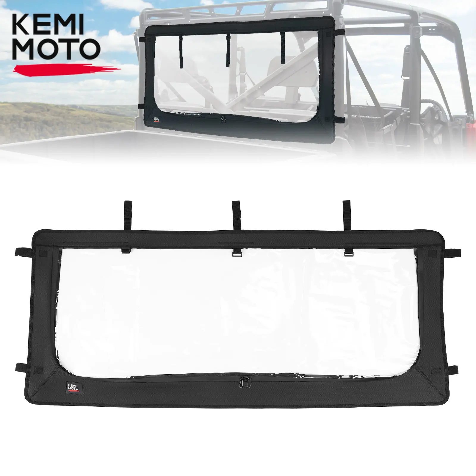 KEMIMOTO UTV Soft Rear Windshield Panel Zippered Sunshade Window Compatible with Polaris Ranger XP 1000/ 1000 / XP 900 2013-2024