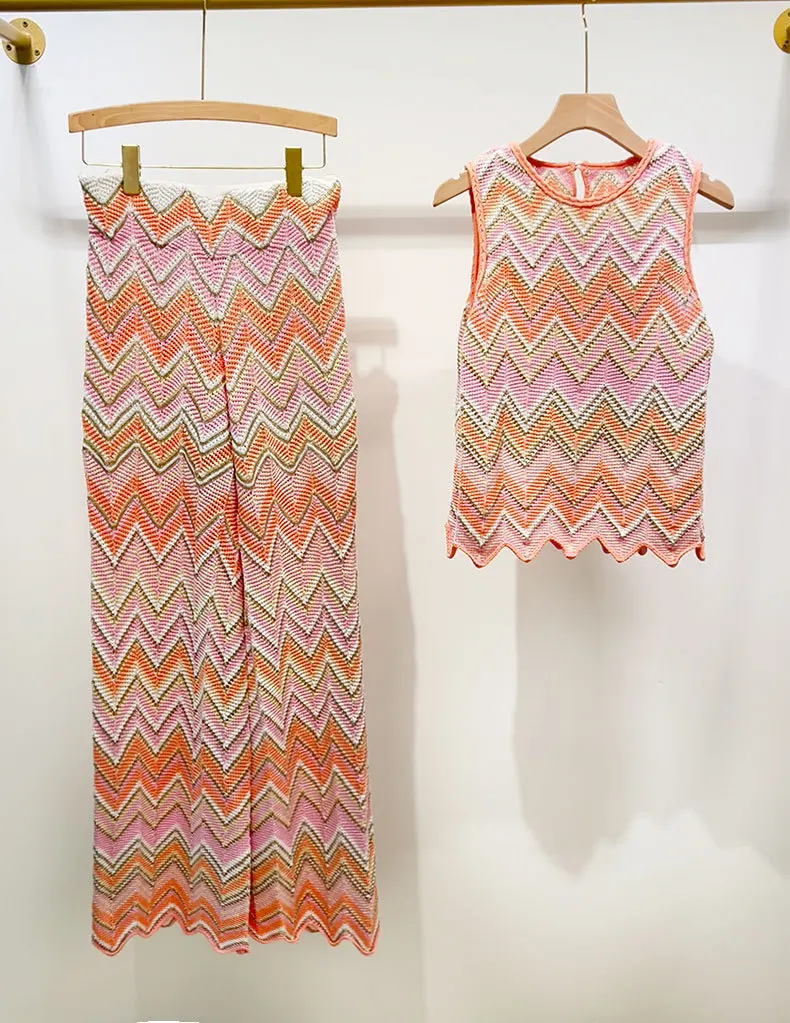 

Женский костюм с волнообразным узором и шнуровкой: вязаный жилет без рукавов с круглым вырезом + повседневные брюки, весна 2026