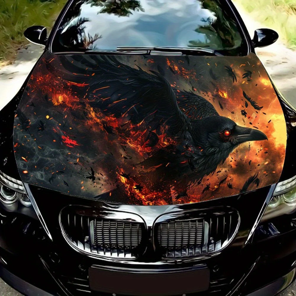 

Magic Raven Burning Flames Car Vinyl Wrap, PVC Waterproof Car Hood Sticker, Self-Adhesive Scratch-Resistant Stickers for Engine