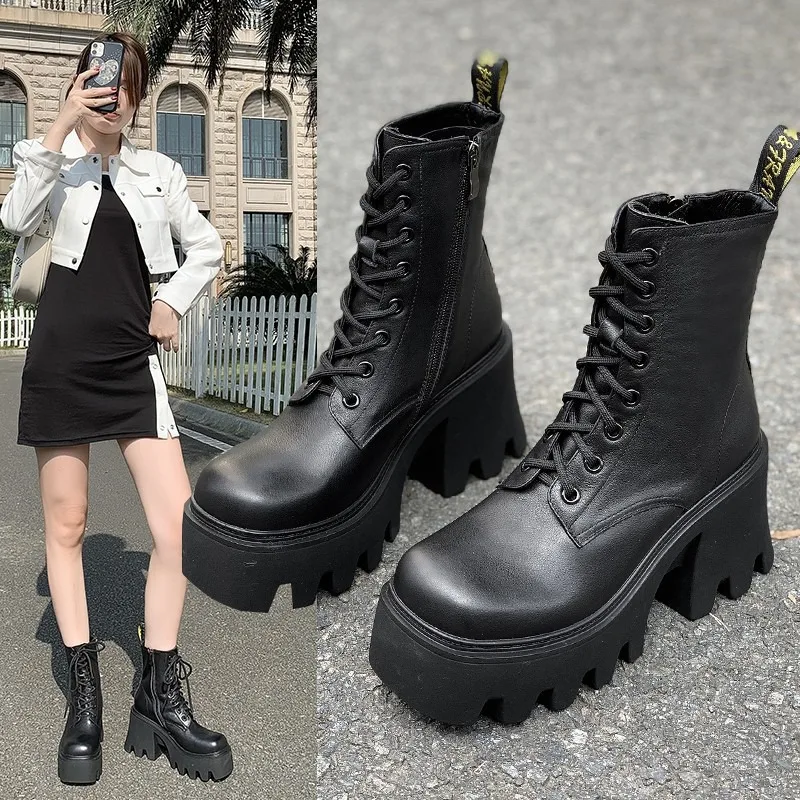 

Women Boots Genuine Leather Platform Motorcycle Boots 2025 Lace-up Fashion Shoes for Women Gothic Short Boots Heel Ladies Shoes