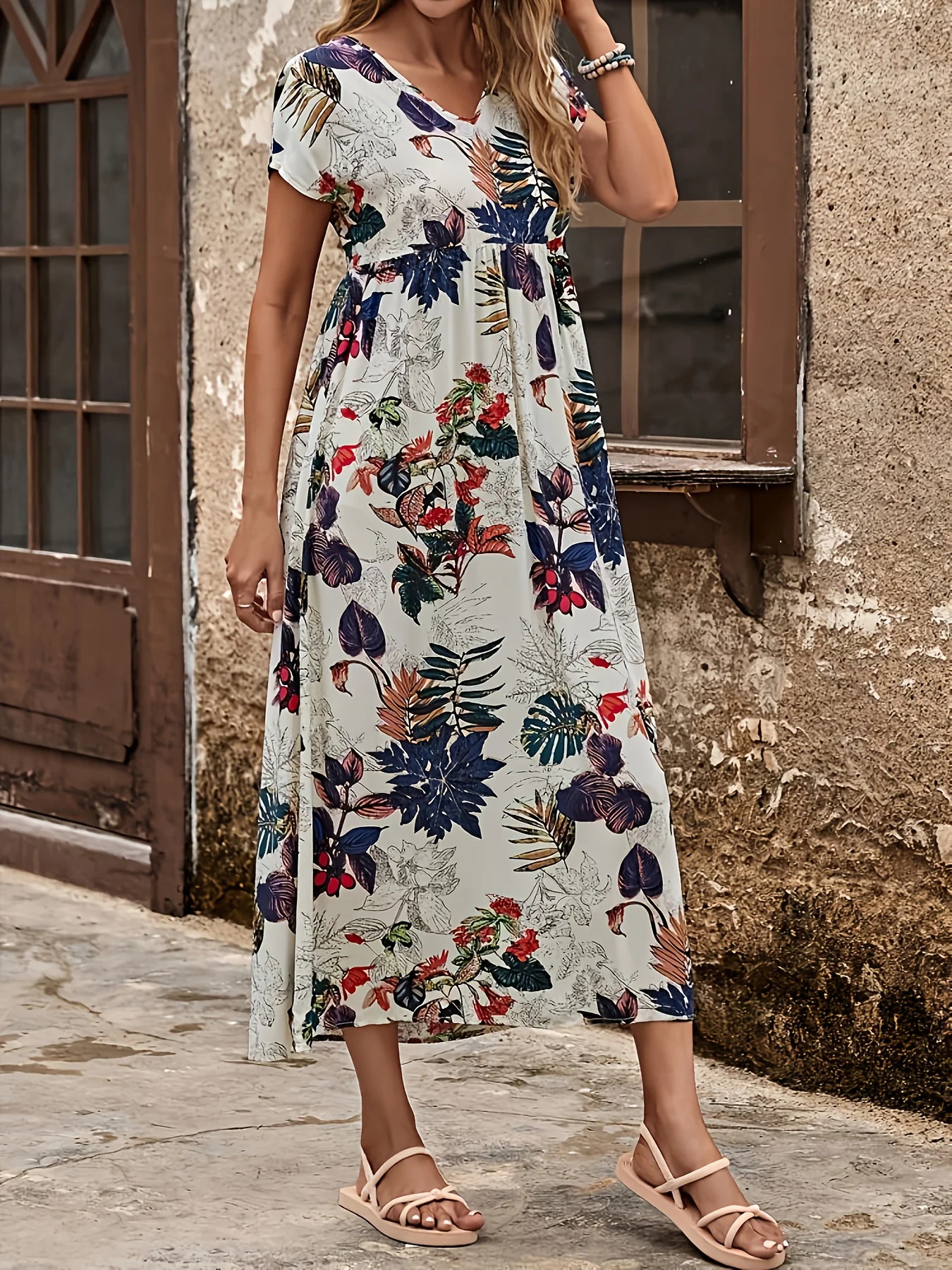 فستان نسائي أنيق فضفاض برقبة دائرية وأكمام قصيرة وطباعة ريترو فستان نسائي طويل كاجوال #1