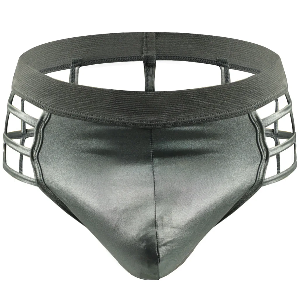 Men's Faux Leather Side Strap Thong, Low-Rise Cage T-Back Underwear, Sexy Metallic Bikini Panties for Men