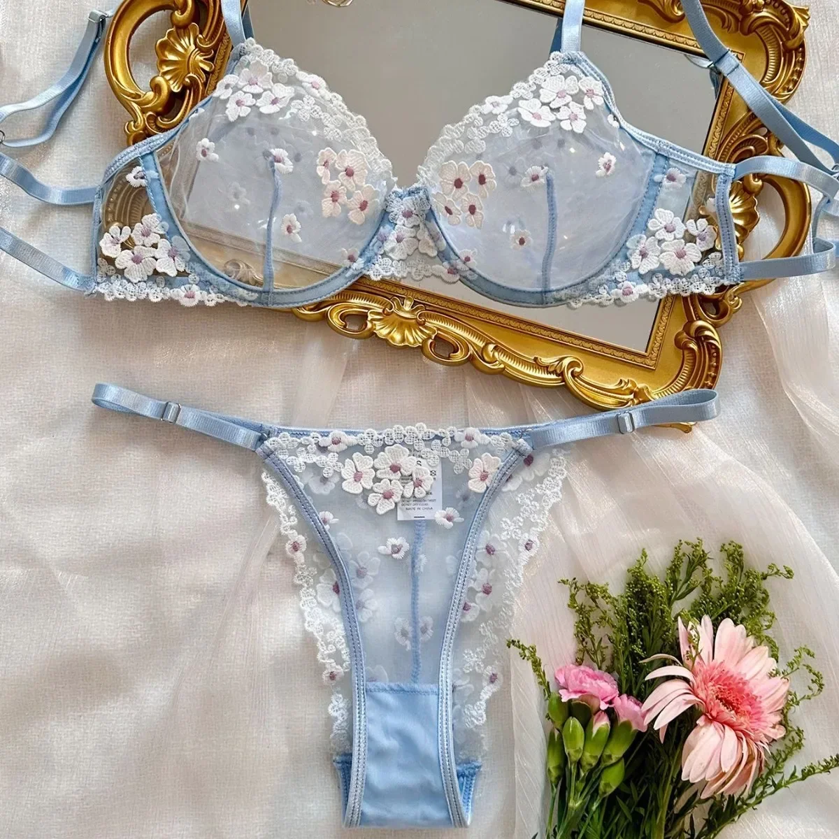 Outono novo estilo francês doce floral bordado lingerie conjunto feminino malha perspectiva confortável reunião sutiã briefs