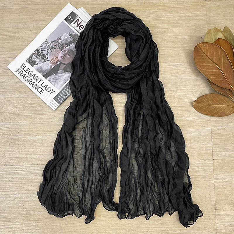 Korean Style Cotton Linen Folded Women's Scarf Thin Pure Color Simple Match Long Shoulder Wrap Neck Warmer Silk Scarf