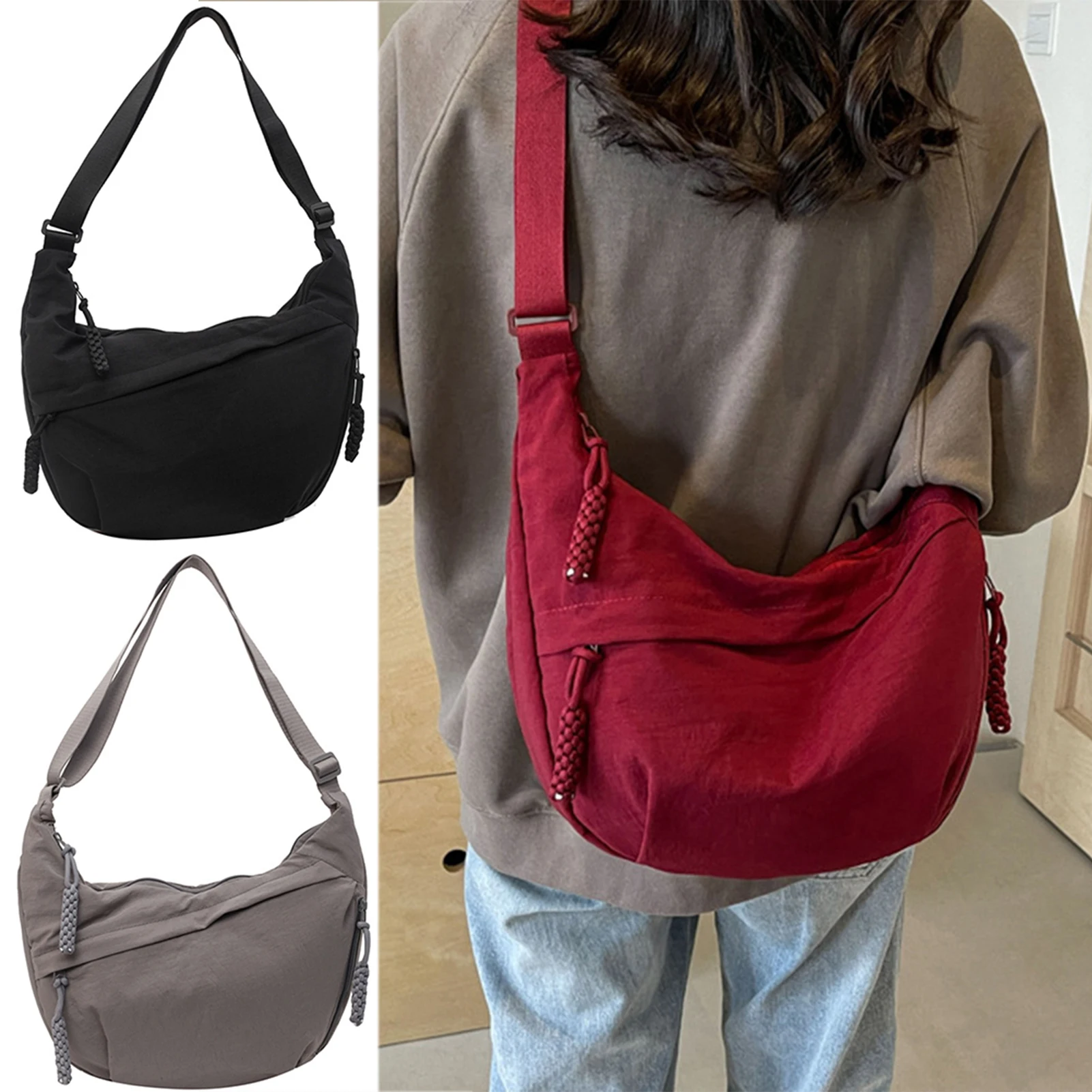 Nylon Cross-body Bag Fashion Slouchy Dumpling Bag Adjustables Strap Commuting Bag for Women Girls