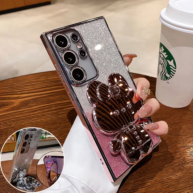 بريق مرآة أرنب حامل حافظة لهاتف سامسونج S25 FE Edge S24 S23 Ultra Plus A17 07 56 55 36 35 26 25 16 06 05 05S M/F/C/55 غطاء