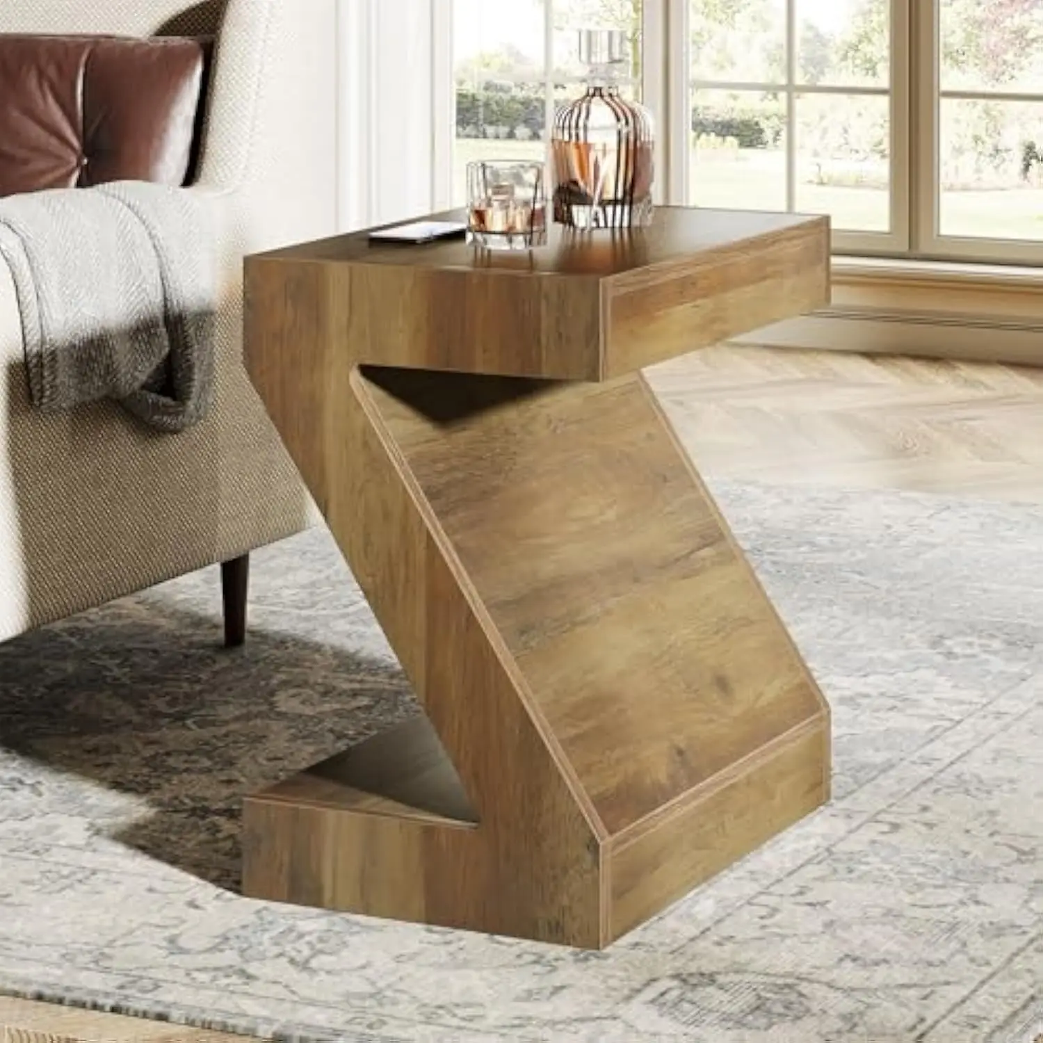 

Wood Side End Table for Living Room, Bedside Nightstand for Bedroom, Z-Shaped
