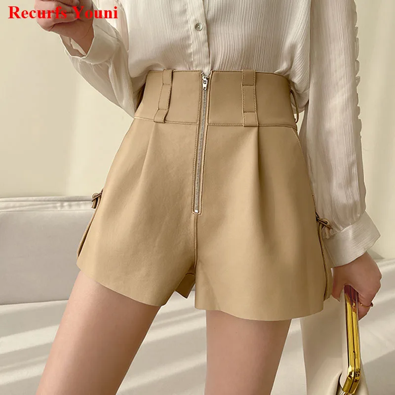 Women Shorts Genuine Leather Pants Feminino 2024 Winter Harajuku Beige Casual Zipper Wide High Waist Loose Leg Pantalones