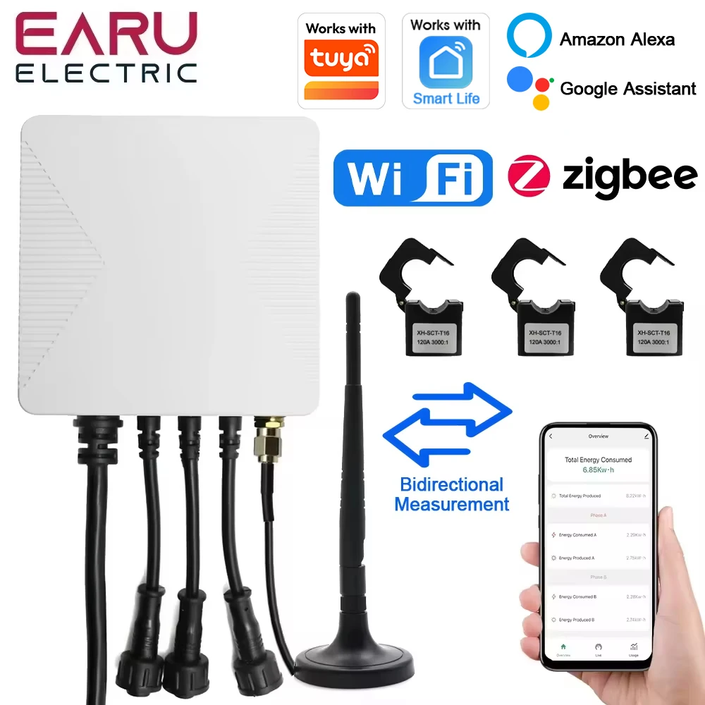 EARU Single Three Phase Tuya WiFi ZigBee Smart Bidirectional Monitor Current Voltage kWh PV Solar Power Energy Meter 3 CT Clamps