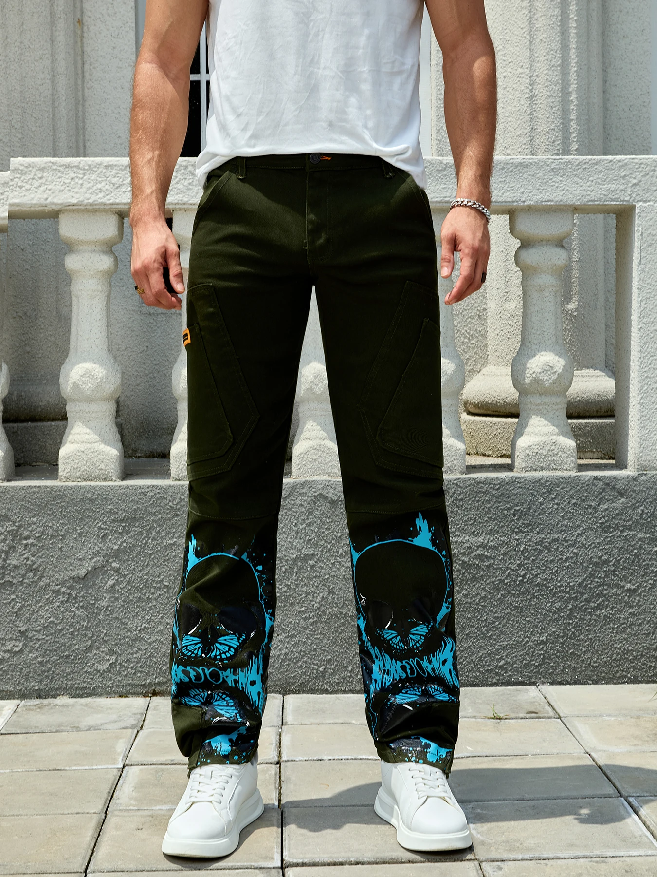 Men's Stretch Twill Trousers, Full Strip Print And Embroidery, Two Pockets In Front, Two Covers In Back With Open Zipper-11