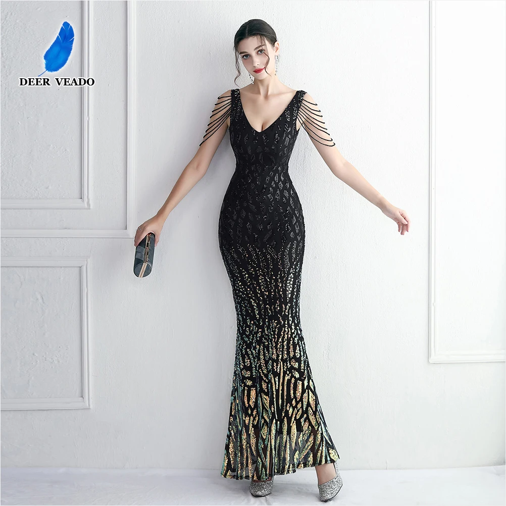 

DEERVEADO Deep V Neck Mermaid Evening Party Dress Long Luxury Sequins Beading Formal Occasion Dress for Women