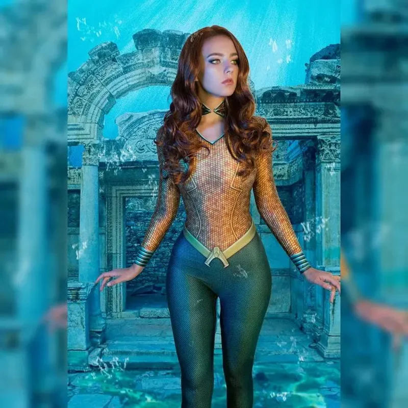 

New Mera Cosplay Costume Woman Superhero Zentai Suit Halloween Bodysuit Adults Kids