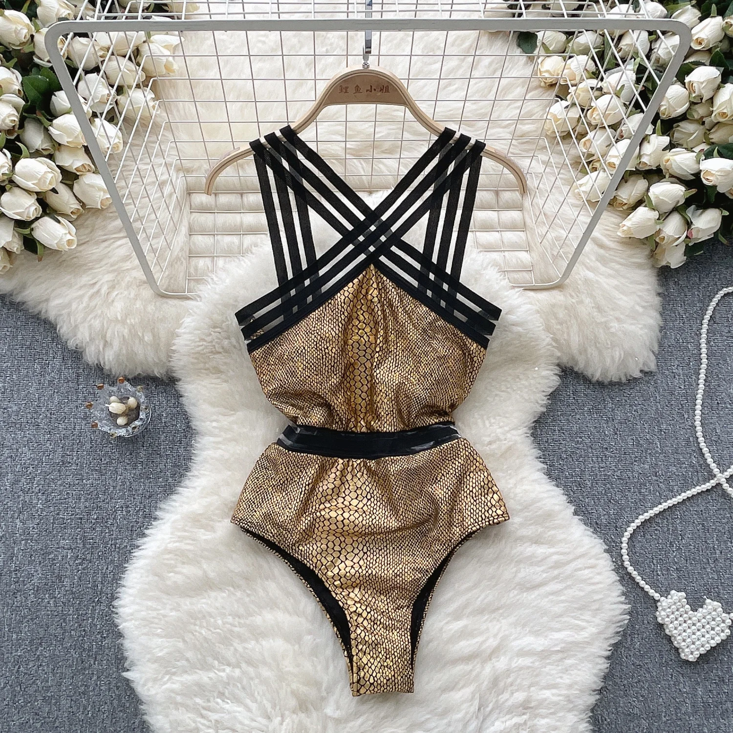 Summer Girls' Open Back Sleeveless Sexy Unique Gold Bodysuit Women Slim Fit Snake Pattern One Piece Romper Top