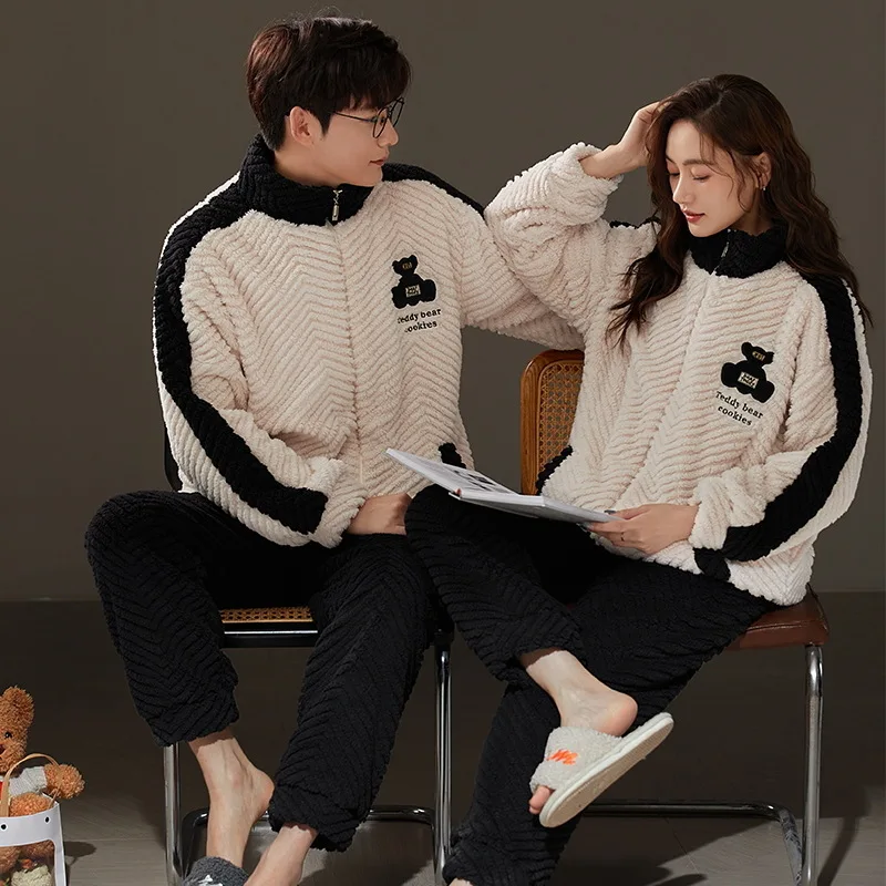 Couple Pajamas Women Flannel Sleepwear Winter Fleece Thick Warm Coral Fleece Men's Zipper Pijama Set Large size Homewear hombre