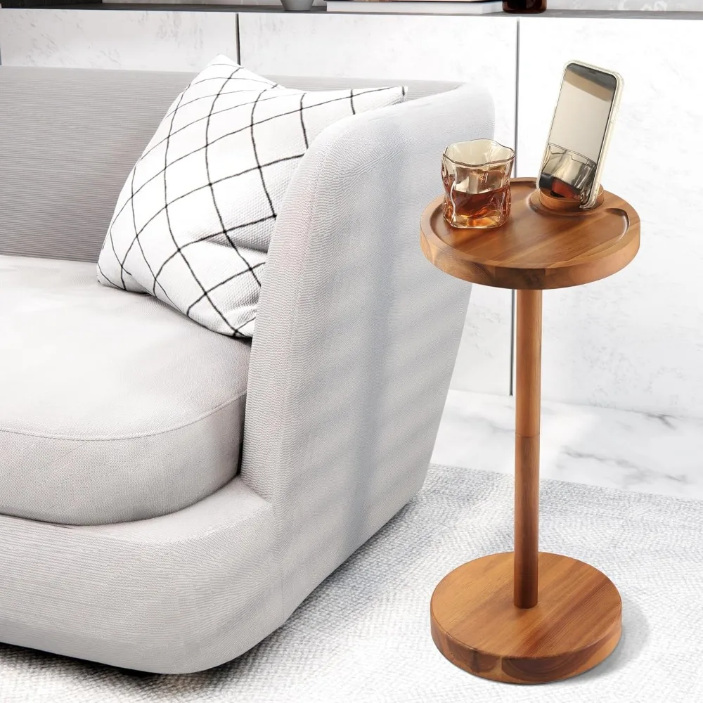 Acacia Wood Rotating Phone Holder Side Table with Weighted Base, Compact Drink Table for Small Spaces
