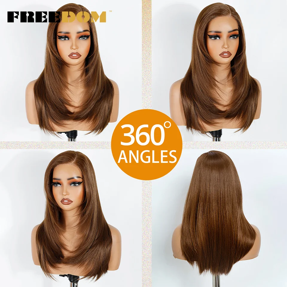 Synthetische Lace-Front-Perücken für Frauen, 18 Zoll, Seitenscheitel, vorgezupfte, gerade, geschichtete Lace-Perücke, Ombre Braun Blond, Perücke für den täglichen Gebrauch – Detail 6