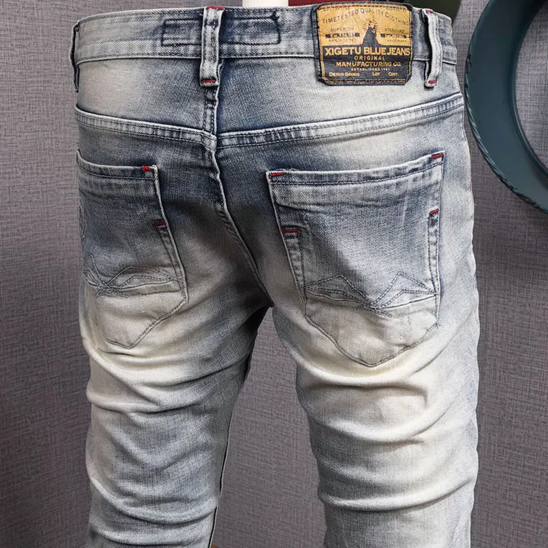 Fashion Designer Men Jeans Retro Light Blue Stretch Slim Fit Patched Ripped Jeans Men Y2K Embroidery Vintage Denim Pants Hombre