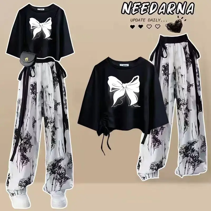 

Женские комплекты из двух предметов, летние наряды, топы на бретелях с принтом + брюки, женские повседневные одинаковые комплекты, уличные комплекты