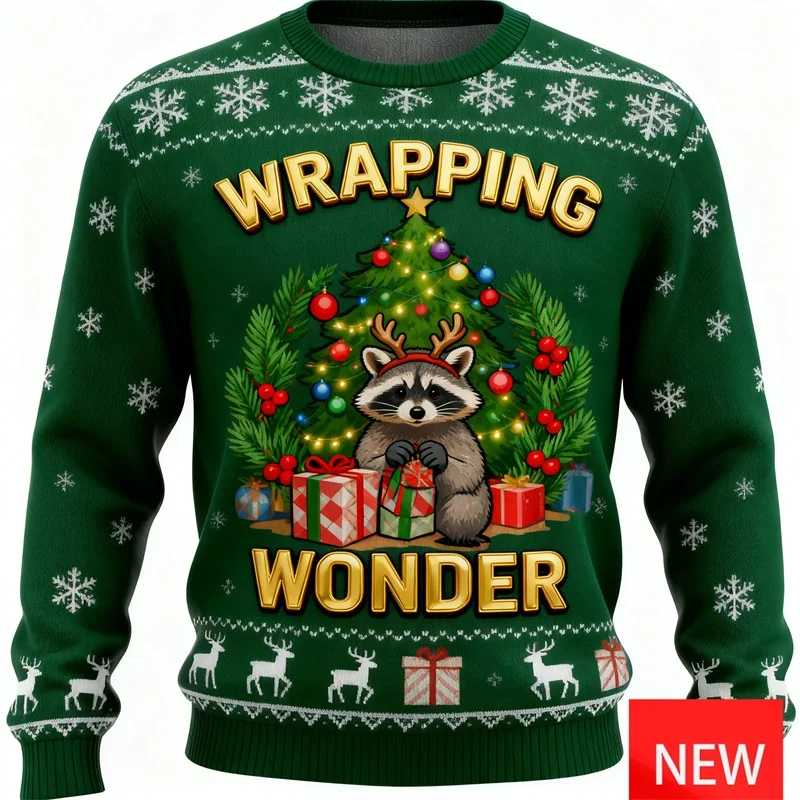 

Забавный уродливый рождественский свитер с изображением енота для мужчин и женщин, пуловер с Рождеством, свитшот, новый рождественский подарок, вечерние спортивный костюм, топ