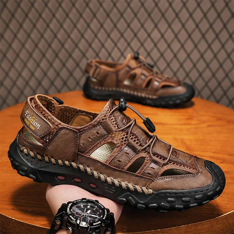 

Широкие сетчатые сандалии премиум-класса, легкая нескользящая летняя обувь ручной работы, мужские сандалии ручной работы, большой размер 48