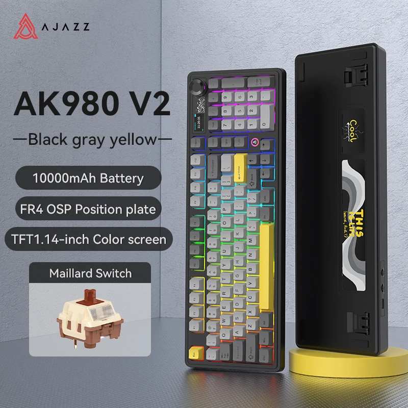 AJAZZ AK980 V2 Three-mode Wired Mechanical Keyboard Hot-swappable Gasket RGB Low-noise Ergonomic Office Gaming Keyboard