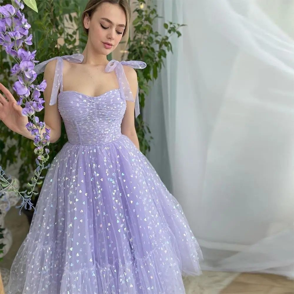 Reject Return J140 Purple Heart Print Bridesmaid Dress Sweetheart Tulle Straps Evening Gown A-Line Formal Party Dressses