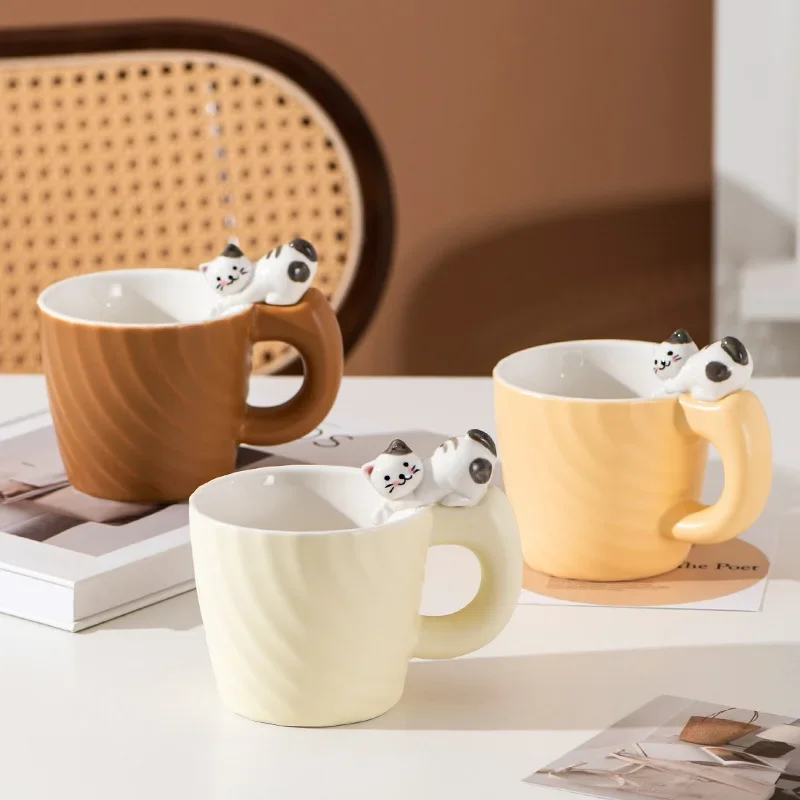 Ceramic Coffee Mugs Cartoon Playing with Water Kitten Creative Cups Office Afternoon Tea Cup High-value Large-capacity Water Mug