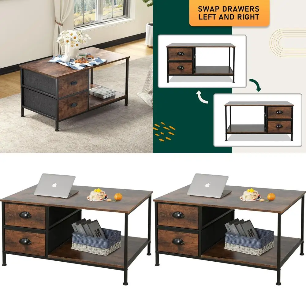 

Storage Drawer Coffee Table for Living Spaces, 2-Tier Brown Wood Rectangular Table, Metal Accent Side Table
