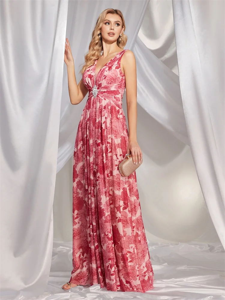 Abiti da sera formali di lusso in Chiffon rosa con scollo a V lungo 2024 abiti da sera da damigella d'onore da sposa da donna abiti da Cocktail Prom